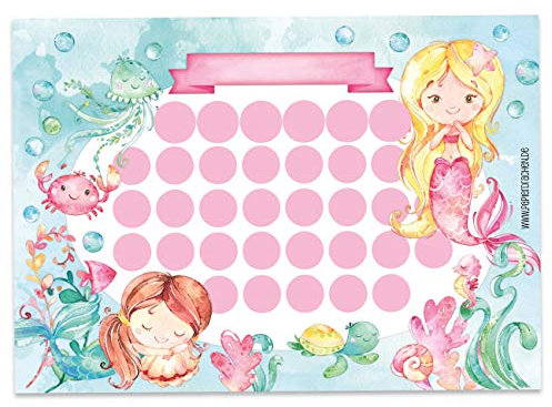 Papierdrachen Belohnungstafel Set für Kinder als Abreißblock 10 Blatt - Motivierendes Konzept als Erziehungshilfe - mit tollen Stickern für Jungs und Mädchen - Motiv Meerjungfrau blanko Set 15