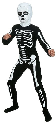 Fun Costumes Kids Karate Skeleton Bodysuit, Spooky Bones Halloween Costume, Black and White Bony Jumpsuit, Large Bundle with Makeup Kit