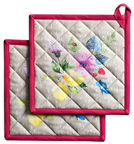 Maison d' Hermine Pot Holders Set 100% Cotton Heat Resistant Potholders 20 cm x 20 cm Hot Pads with Loop for Spring/Summer Decorations Cooking Baking Handling Hot Pans (Pack of 2, Jardin D'Ete - Fog)