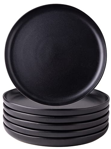 AmorArc Ceramic Dinner Plates Set of 6, Wavy Rim 10.25 Inch Stoneware Dish Set, Dinnerware Plates for Kitchen-Microwave&Dishwasher Safe, Scratch Resistant-Reactive Glaze Matte Black