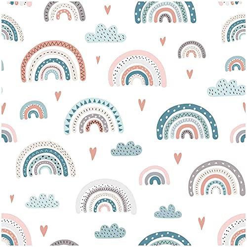 VmG-Store Baumwollstoff Stoffe Meterware Nähen I Nähstoff Kinder Kinderstoff 155cm breit (Regenbogen Pastell Weiß BC018, 100 x 150cm)