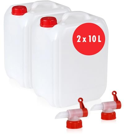 Höfer Chemie 2 x 10 L Wasserkanister Set Weiß | Ideales Camping Zubehör für Flüssigkeiten - Mit Ablasshahn & Schraubverschluss