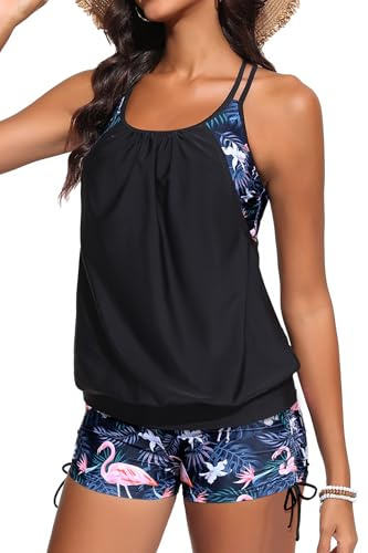 Holipick Women Flamingo and Black Tankini Swimsuits Two Piece Tummy Control Bathing Suits Blouson Swim Tank Top with Boy Shorts XL