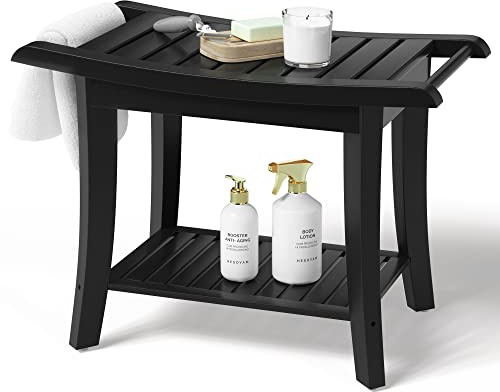 Bambus-Duschbank im Inneren, Duschhocker mit platzsparendem Aufbewahrungsregal, Dusch-Badstühle, Spa-Sitze für Badezimmer, ideal für alle Altersgruppen, Unisex, ältere Menschen (wasserdicht, schwarz)