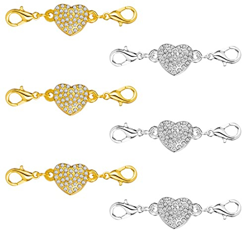 6 Piezas Cierres de Joyería Magnética en Forma de Corazón Magnético de Diamantes de Imitación de Cadena de Cierre para Bisutería Collar Pulsera (Plateado y Dorado)