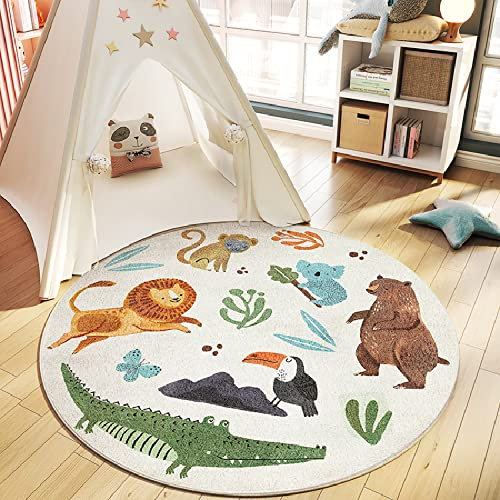 Trayosin Home Teppich Kinderzimmer Junge Mädchen Waldtiere Kinderteppich Schutzmatten Kurzflor Spielteppich Runden Groß fürs Babyzimmer Kleinkinderzimmer (Tierpark,100cm)