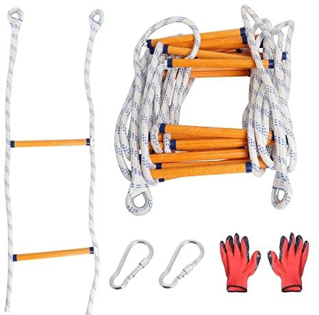 Scala di Corda Antincendio 10m, Scala di Fuga di Emergenza con Moschettone e Guanti per Casa a 3-4 Piani, Casa Sull'albero, Balcone e Ringhiera, Capacità di Peso Fino a 300 kg da Poweka