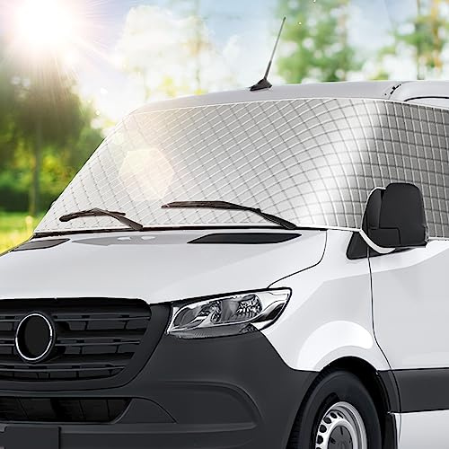 BougeRV Wohnmobil-Windschutzscheiben-Schneeabdeckung für Dodge Mercedes Sprinter (2006–2015) für Frontscheibe, Sonnenschutz, Zubehör mit Spiegelausschnitten, Silber