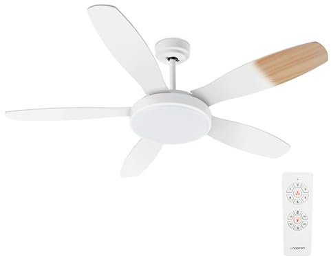 Noaton Ventilateur de plafond avec éclairage Maia, blanc/érable, diamètre 132 cm, moteur DC 41W, LED 24W, télécommande, débit d'air jusqu'à 198 m3/min, tige d'extension 15/25 cm