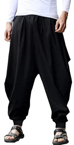 YAOHUOLE Pumphose Herren Yoga Loose Fit Herren Leinenhose Lang Herren Hosen Baumwoll Schwarz 2XL