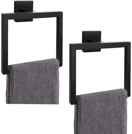 Lot de 2 Anneaux Porte-Serviettes Noirs Mats, Porte-Serviettes carrés Modernes, Accessoires de Salle de Bain, Support Mural en Acier Inoxydable
