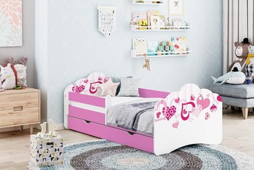 Happy Babies MOBI Kinderbett 160 x 80 mit Matratze Bett für Kinder mit Rausfallschutz & Bettkasten dekoriertes Kinderbett für Mädchen (M15)