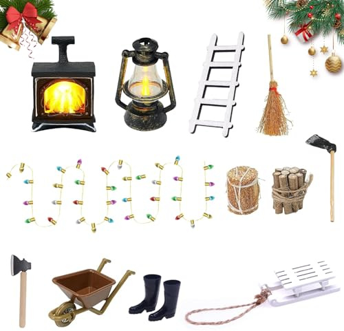 Puppenhaus Miniatur Zubehör Set, Wichtel Zubehör Weihnachten Möbel, Glühender Kamin, Petroleumlampe, Heuhaufen, Hacke, Gummistiefel, Karren, Besen, Brennholz, Licht für 1/12 Puppenhaus (A)