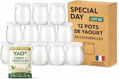 SPECIAL-DAY 12 pot de yaourt en verre avec 24 couvercles hermetique |ECHANTILLON YAO+ OFFERT| verrine en verre pour tout yaourtière |petit pots bebe longue conservation 125g