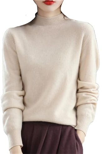 Höst vinter 100 % merinoull tröjor dam långärmad halv polokrage jumper stickad kashmir pullover, BEIgE, M