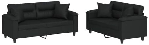 vidaXL Sofagarnitur 2-TLG., Sessel Couch mit Kissen, Sofa Wohnzimmersofa mit Armlehnen, Couchgarnitur Designsofa Sitzmöbel Polstermöbel, Schwarz Kunstleder