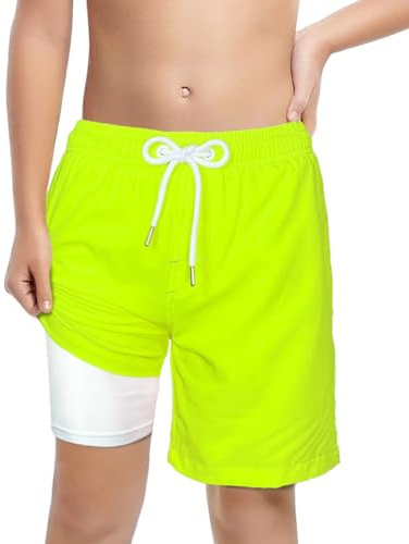 LUCOWEE Badbyxor för pojkar mjuka boxershorts fodrade utan skavning baddräkt badshorts sandlösa snabbtorkande UPF 50+ funktionell dragsko, Fluorescerande lime, 11-13 År