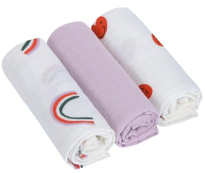 LÄSSIG Coperta Puck per neonati Panno di garza Set di 3 pezzi in cotone 60 x 60 cm/Swaddle & Burp Blanket M Happy Rascals lavender