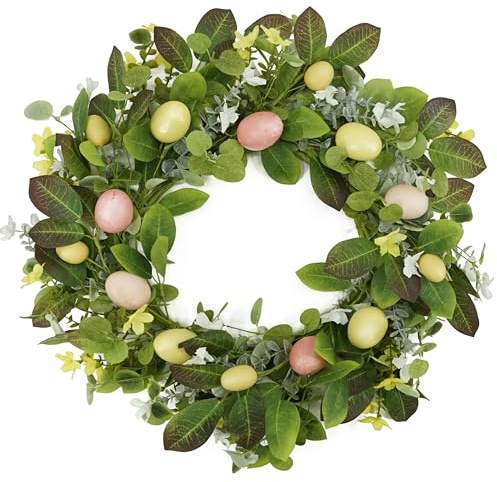 WreathDream Artificial Easter Wreath Spring Door Wreath with Colorful Eggs,Flowers,Eucalyptus Leaves,Mix Leaves for Front Door Farmhouse Indoor Outdoor Festival Home Decor