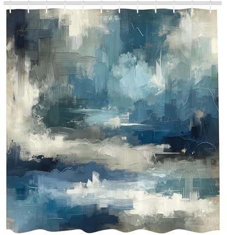 ABAKUHAUS Marineblau Duschvorhang, Abstraktes modernes Pinselstrich Stil Ölgemälde Look Druck Wolkenhimmel, Stoffliches Gewebe mit Haken, 175 x 200 cm, Meerblau Ecru Kokosnuss
