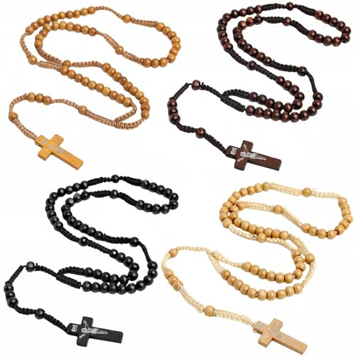 Kuesn 4 Pcs Wooden Beads Rosary Necklaces Handmade Rosaries Wood Rosary Necklaces Beads Christ Jesus Imprint Cross Religious Accessories Christian Prayer