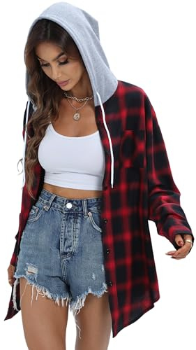 Jhsnjnr Damer oversize flanellskjorta huvtröja knapp rutig V-ringad topp mode långärmad rutig blus, röd, L