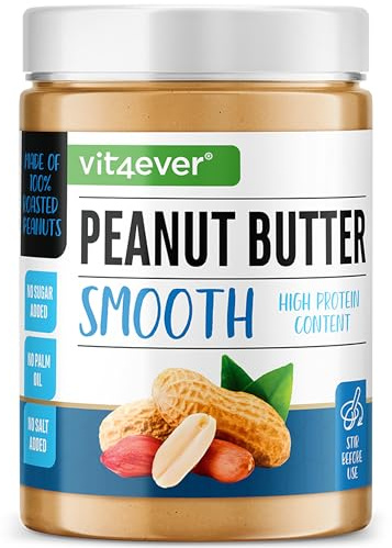 vit4ever Peanut Butter Smooth - 1 kg - 100% Mantequilla de Cacahuete | Alta en Proteínas con 28% - Sin Aditivos de Sal, Azúcar, Aceite ni Grasa de Palma - Natural sin Aditivos - Vegano