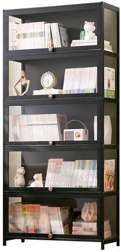 HUHJYUGE Bücherregal Schwarz, Standregal mit 1-5 Ebenen, Bücherregal Holz Vintage, Bücherschrank mit Türen, Hoches Schmales Bücherregal, für Wohnzimmer Schlafzimmer Büro (5 Tier 80cm)