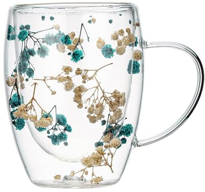 Rehmanniae Blue Dried Flowers Double Walled Glass Coffee Mugs - Insulated Espresso Cup with Dual Layered Design