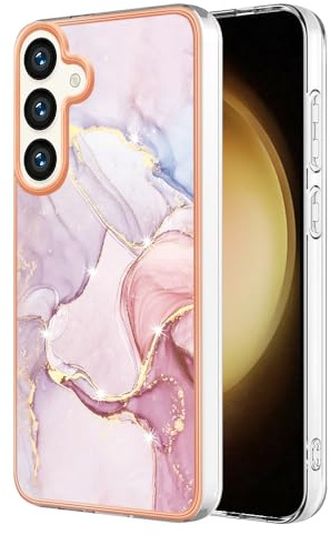 Knoowcase for Samsung Galaxy S24 FE Case Marble Silicone Cover Shockproof Bumper Glitter Plated Gold Edges Protective Flexible TPU Rubber Skin Case for Galaxy S24 FE Women,Rose Gold