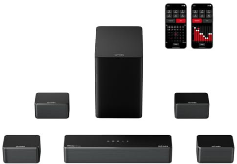 ULTIMEA Sistema de Sonido Envolvente 7.1 para TV con Dolby Atmos, Control por aplicación, 4 Altavoces envolventes con Cable, Barra de Sonido de 460 W para Smart TV con subwoofer inalámbrico de 6.5