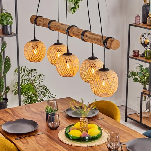 HOFSTEIN Pendelleuchte Basto, 5-flammige Hängelampe aus Metall/Holz/Bambus in Schwarz/Natur, Boho Hängeleuchte mit Bambusschirmen u. Holzbalken, max. 150cm, E27, Esszimmer, Wohnzimmer, Küche