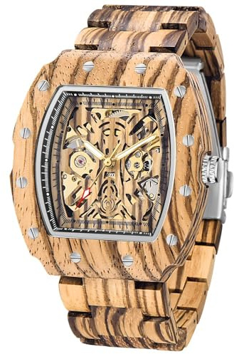 Tiong Herren Holz Mechanische Uhren Skelett Römische Ziffern Automatikaufzug Holzuhr Leichtgewicht für Männer Armbanduhr