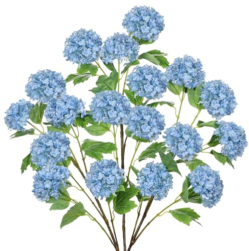 Hollyone Schneeball Blume Künstlich Kunstblumen Blau 3PCS Künstliche Hortensien mit 18 Blumenköpfe Fake Seidenblumen Langen Stiel Dekoblumen für Vase Bouquet Hochzeit Büro Wohnzimmer Tischdeko