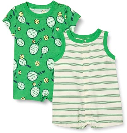 Amazon Essentials Unisex Babies' Cotton Jersey Sleeveless and Short-Sleeve Romper Set, Pack of 2, Sporty/Stripe, 3-6 Months