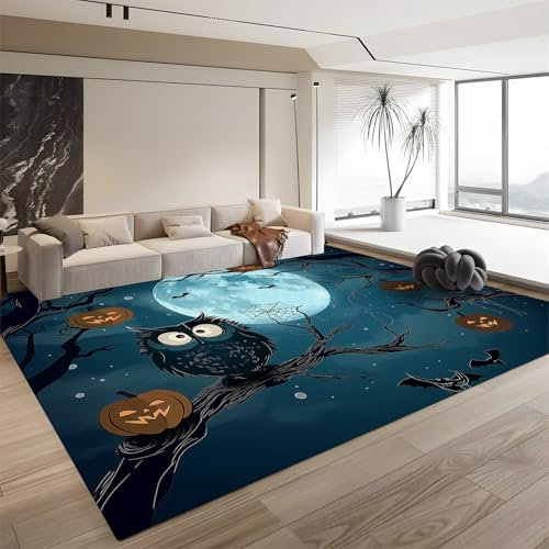 Leicht zu reinigender, zotteliger weicher Teppich für Wohnzimmer, Tier-Eulen- und Vollmond-Muster, Halloween-Thema, 120 cm x 180 cm, maschinenwaschbar, mit rutschfester Unterseite, für Jugendzimmer,