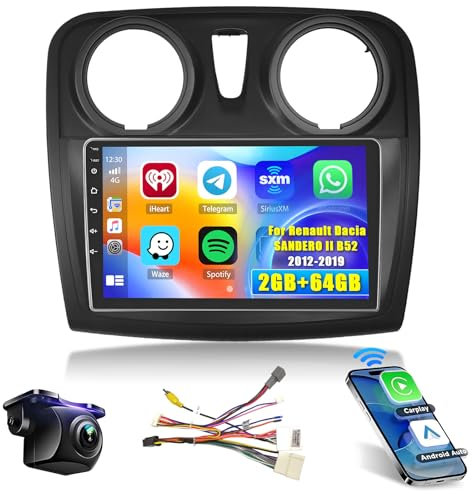 Hikity [2+64G] Android 15 para Renault Dacia SANDERO II B52 2012-2019 Radio Coche CarPlay Android Auto Inalámbrico, Bluetooth Auto Radio, con 9 Pantalla Táctil WiFi GPS FM RDS SWC Navi EQ