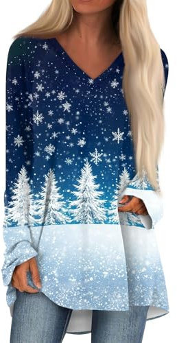 Weihnachts Shirt Weihnachtspullover Damen Lange Oberteile Damen Langarmshirts für Damen Winter Tops for Women Longshirt Weihnachten Weihnachtspullover Damen Weihnachtsstrumpf Blau M