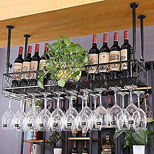 European Retro Hanging Wine Rack with Glass Holder for Bar and Restaurant Upside Down Beer Bottle Shelf Black Iron 60 * 25Cm