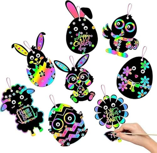 HERZONE Pâques Scratch Art,Carte à Gratter Oeuf Lapin Carotte 32 Pcs,Pâques Décoration à Suspendre,DIY Cadeaux Artisanaux pour Enfants