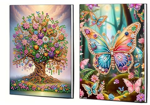 Diamond Art Painting Eule Notizbuch A5, DIY 60 Seiten Skizzenbuch Blanko, Diamont Painting Notizbuch mit Exquisitem Schmetterling Musterdesign, Tagebuch Leder, Skizzenbuch-2 Stuck-A