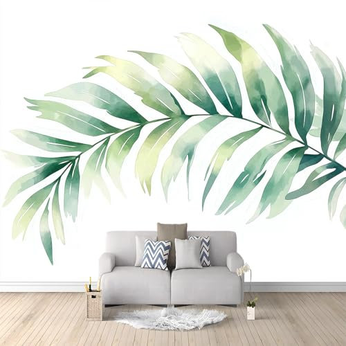 Papier Peint Intissé Peinture À L'Aquarelle Feuilles De Palmier 200 x 140 cm Papier Peint Photo Panoramique, Poster Geant Mural Personnalisé 3D, pour Salon Cuisines Chambre Adulte Enfant Décor Murale