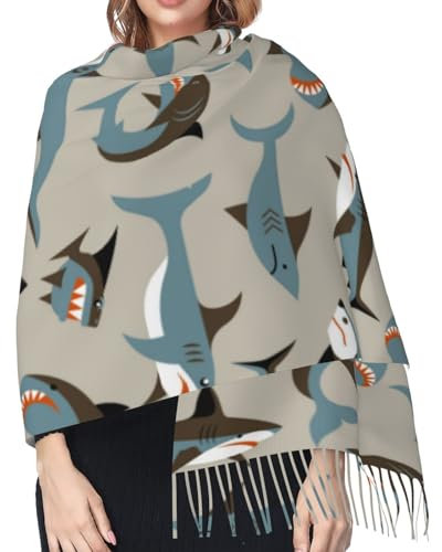 Hceaatb Damenschal, Cartoon-Design, blauer Hai, modisch, Winter, warm, Kaschmir, Fransenschal, Schwarz , Einheitsgröße