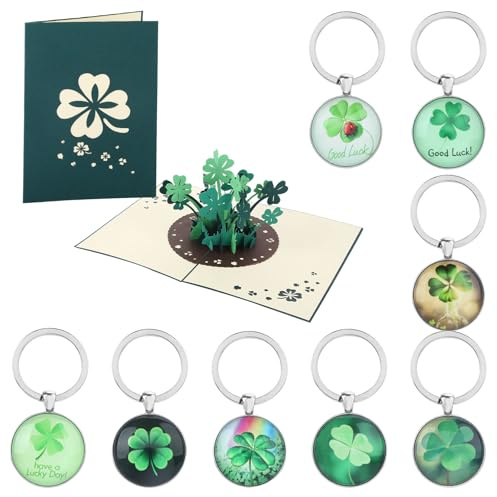 Pop-Up Karte Glücksklee, 3D Pop Up Karte Geburtstag 12.8 x 17.8 CM und Vierblättriges Kleeblatt Schlüsselanhänger, Glücksbringer Kleeblatt, Viel Glück Karte, Geburtstag (Karte + 8 Schlüsselanhänger)