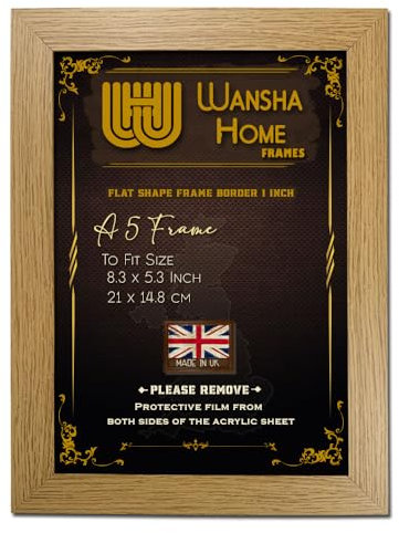 WANSHA HOME A5 Oak Picture Frames (21 x 14.8 cm) Flat Poster Frame - Clear Acrylic Poster Display with MDF Wooden - Portrait/Panoramic - Wall Mount Hooks & Tabletop Stand