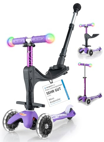 micro™ Mini micro Deluxe Magic 3in1 | Höhenverstellbar & Mitwachsend | Das ORIGINAL | Kinderroller ab 1 Jahr | Inklusive LED Rollen, Griff & Sitz | Jungs & Mädchen 1-6 Jahre (Purple)