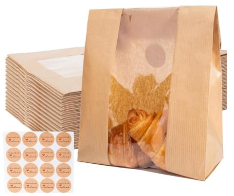 Wzxksoac 100 Paquetes de Bolsas de Papel para Almacenamiento de Pan con Ventana Transparente, Bolsas de Pan con Pegatinas Selladas para Galletas, Dulces y Golosinas