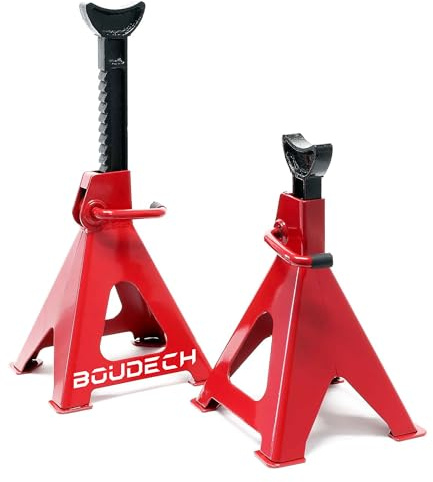BOUDECH Muscleman – Juego de 2 caballetes para coche, capacidad de 3000 kg, altura regulable de 28 – 42 cm, soporte automotriz de soporte de acero rojo