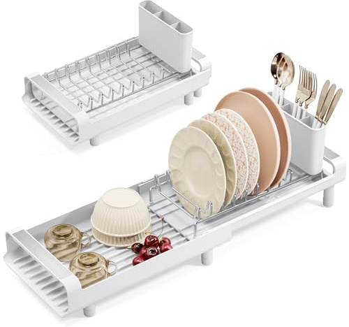 Dish Drainer Rack, Small Dish Drainer, Expandable Dish Rack With Removable Cutlery Holder, Anti Rust Small Drying Rack for Sink, Compact Draining Board Rack For Kitchen Counter, White