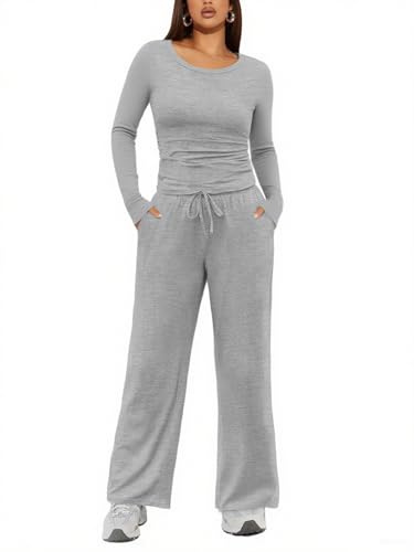 Ekouaer Lounge Wear Sets for Women Two Piece Outfit Ladies Tracksuit Full Set Co Ord Sets Matching Loungewear Ruched Top and Lounge Pants Light Grey XL